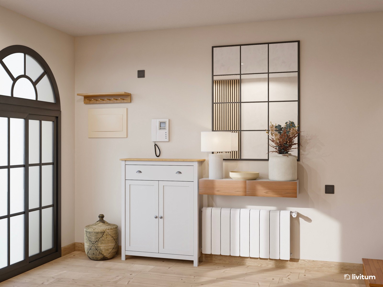 Salón comedor moderno con escritorio separado por unos listones de madera