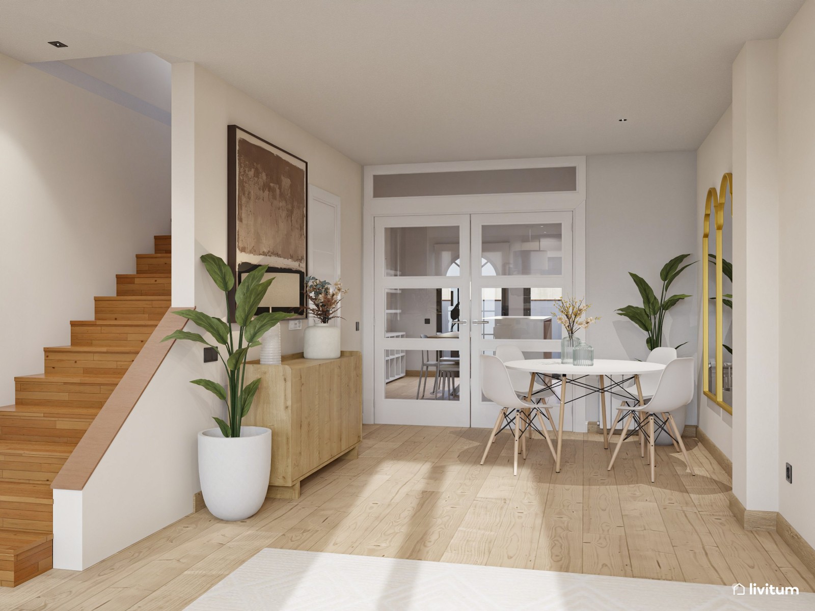 Salón comedor moderno con escritorio separado por unos listones de madera