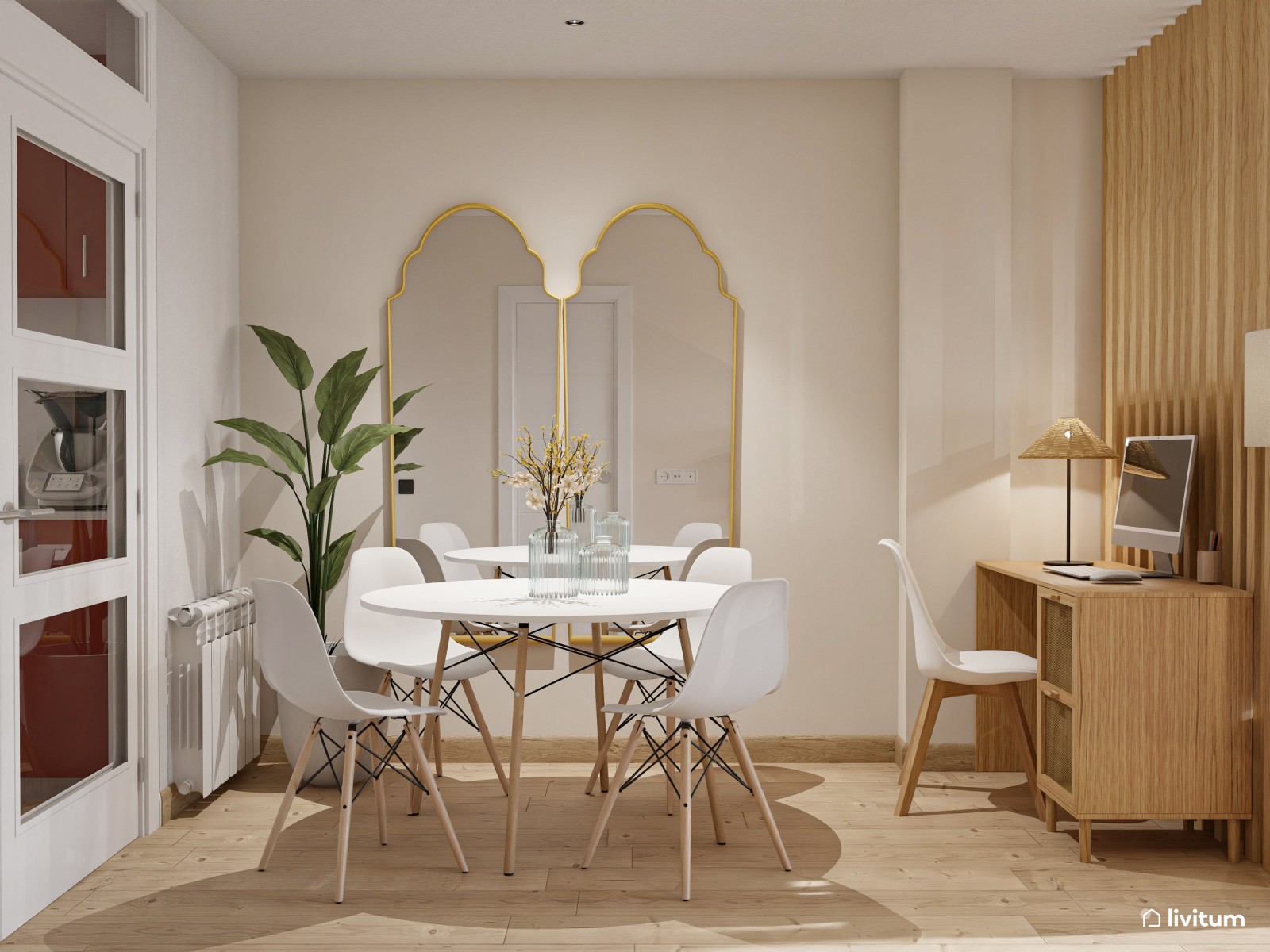Salón comedor moderno con escritorio separado por unos listones de madera