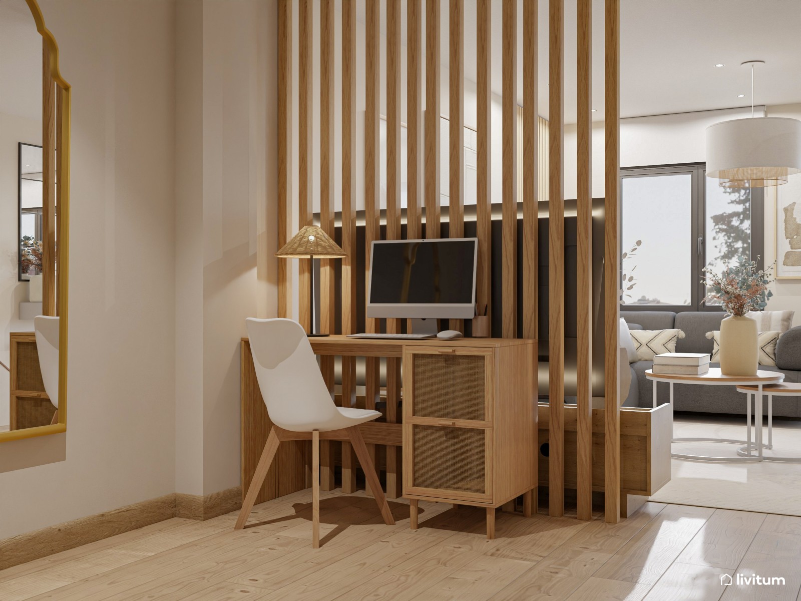 Salón comedor moderno con escritorio separado por unos listones de madera