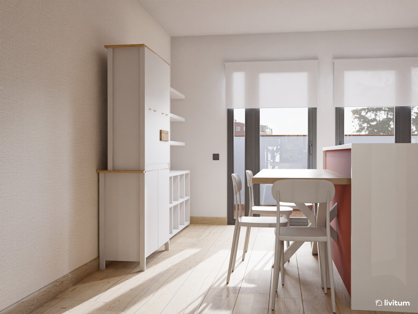 Salón comedor moderno con escritorio separado por unos listones de madera