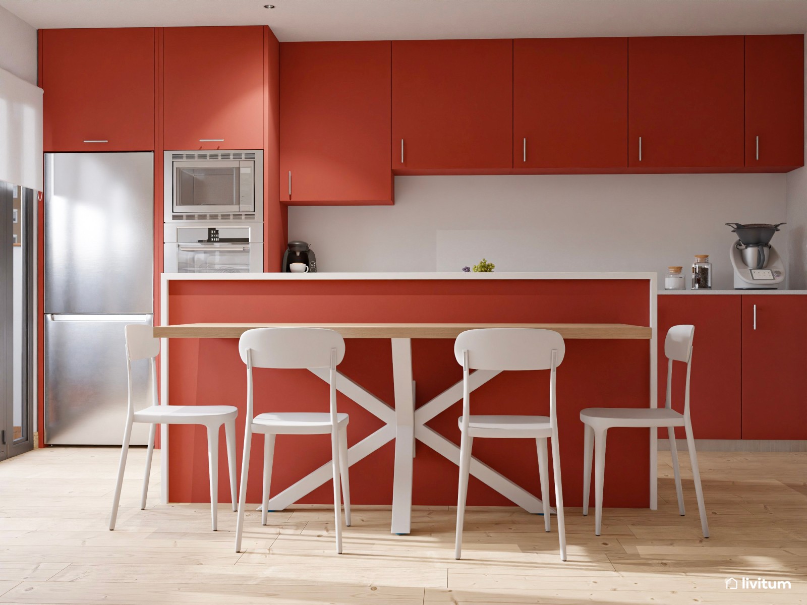 Salón comedor moderno con escritorio separado por unos listones de madera