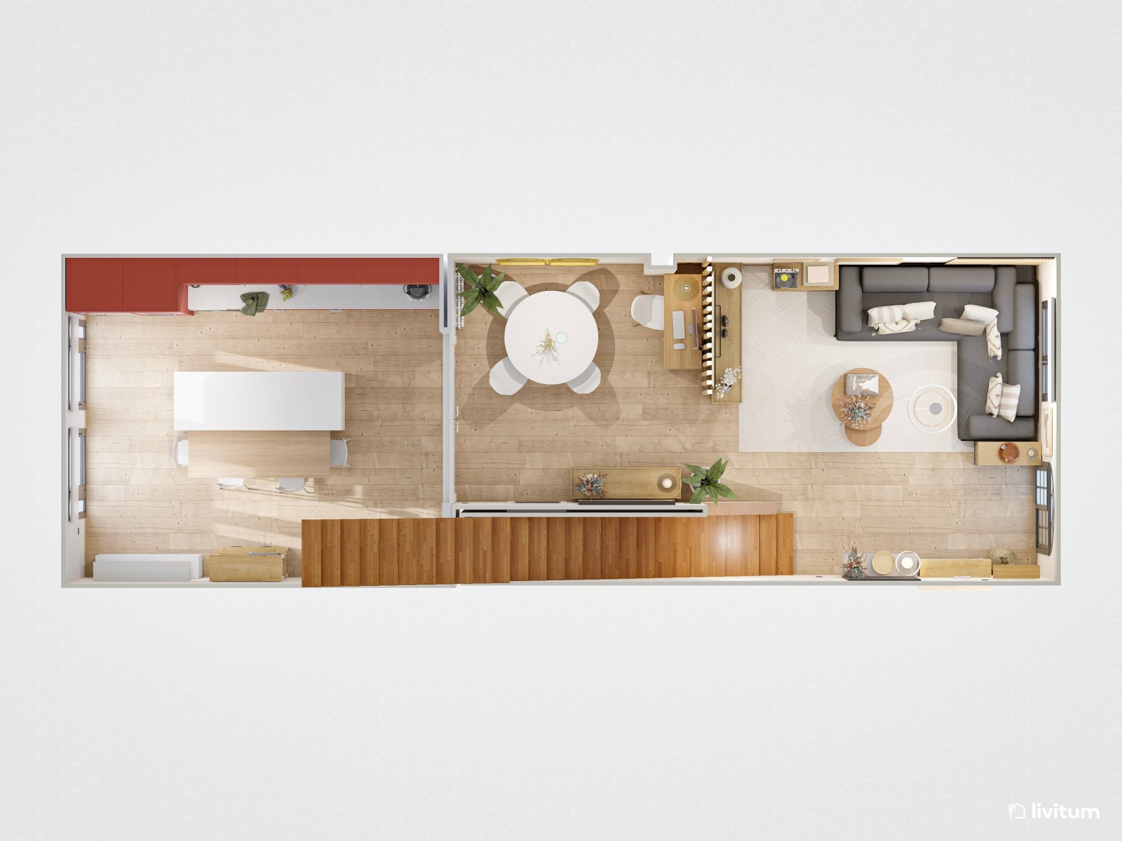 Salón comedor moderno con escritorio separado por unos listones de madera