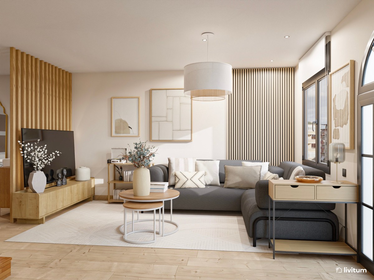 Salón comedor moderno con escritorio separado por unos listones de madera