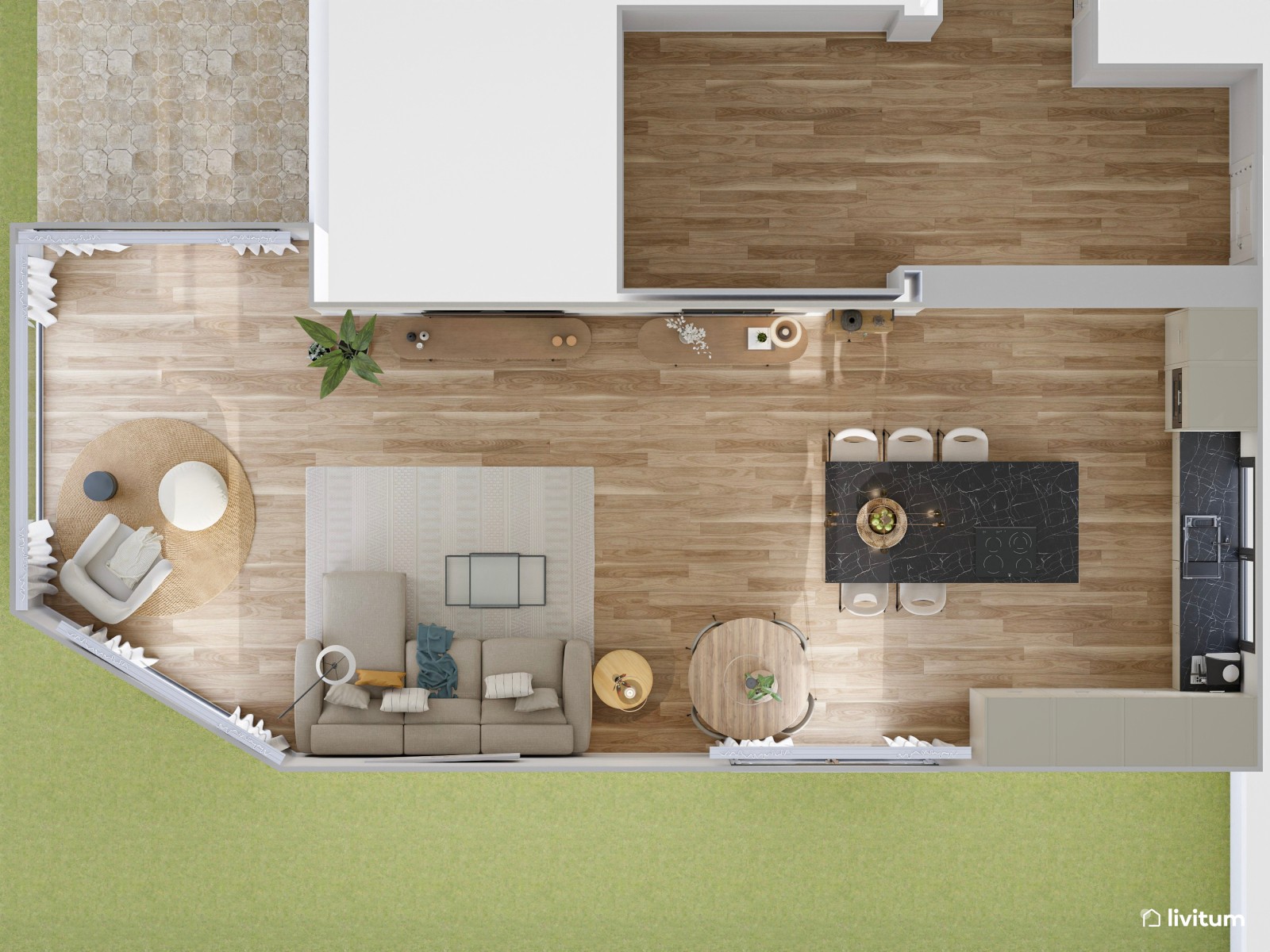Salón comedor moderno con impresionante cocina abierta