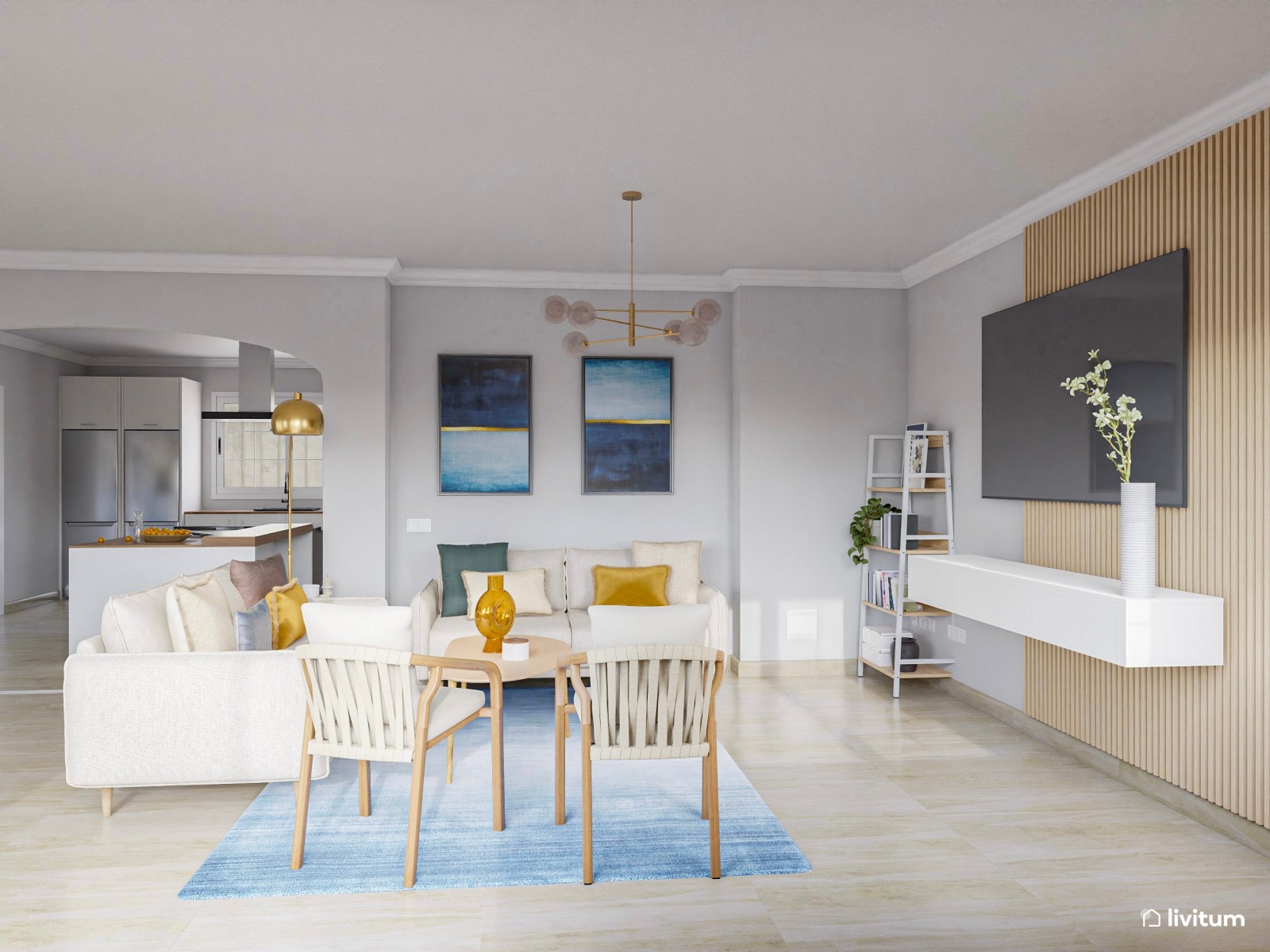 Salón comedor moderno con llamativos colores azul y mostaza