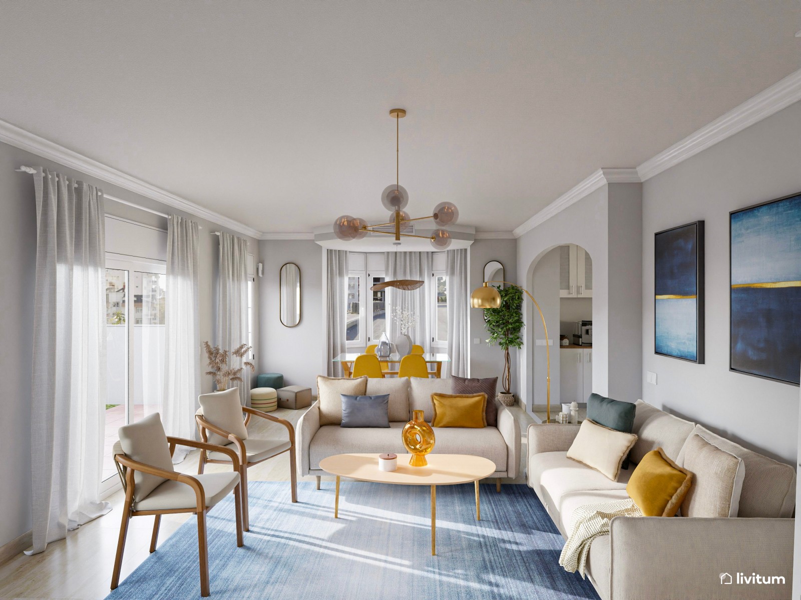 Salón comedor moderno con llamativos colores azul y mostaza