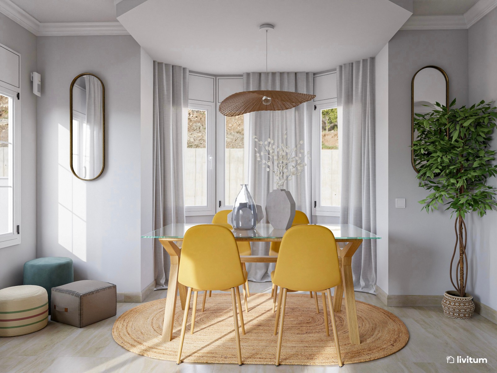Salón comedor moderno con llamativos colores azul y mostaza