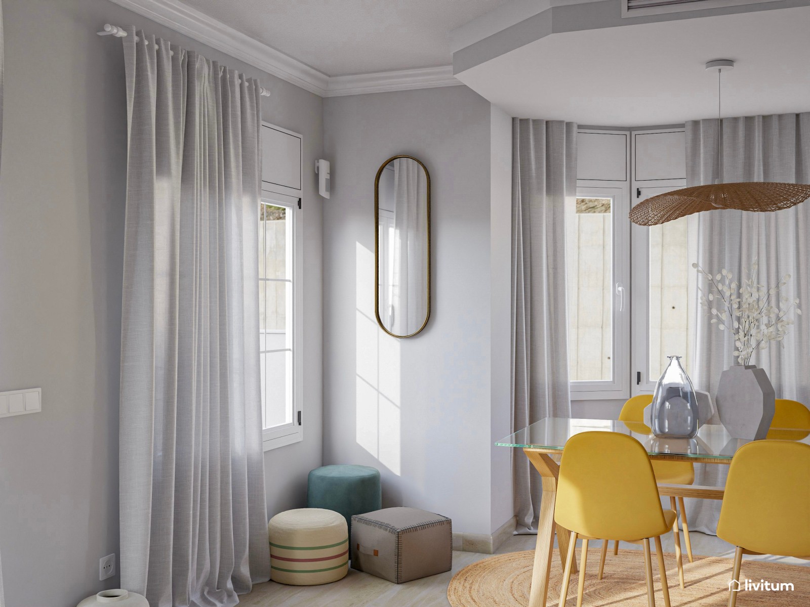 Salón comedor moderno con llamativos colores azul y mostaza