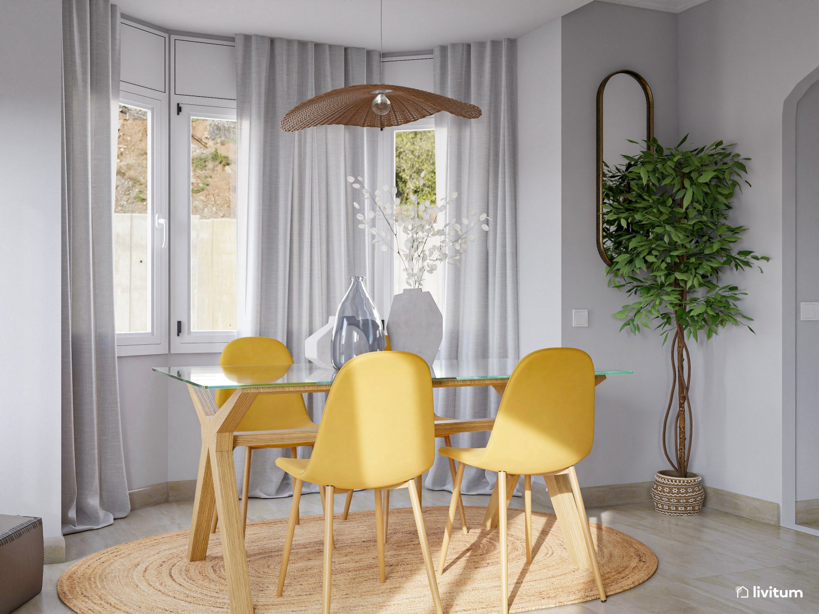 Salón comedor moderno con llamativos colores azul y mostaza