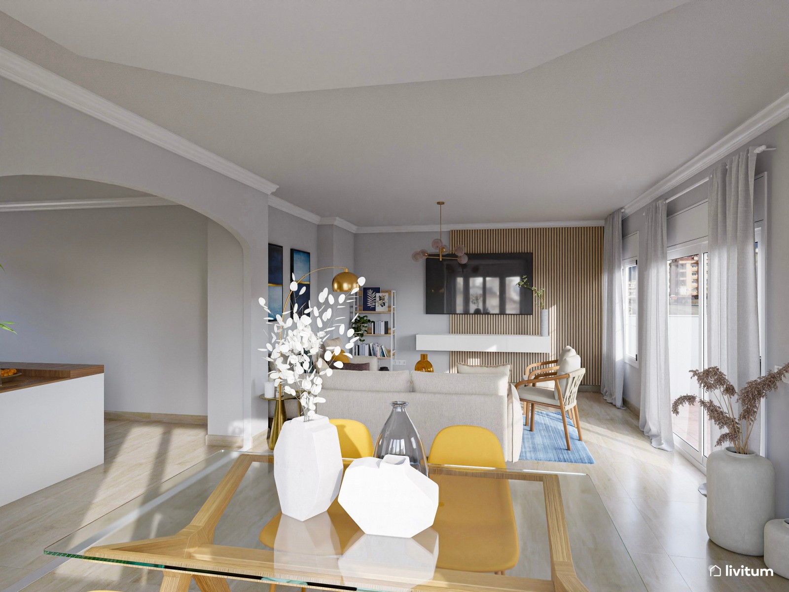 Salón comedor moderno con llamativos colores azul y mostaza
