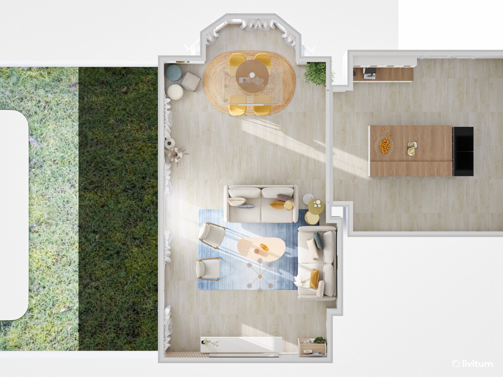 Salón comedor moderno con llamativos colores azul y mostaza