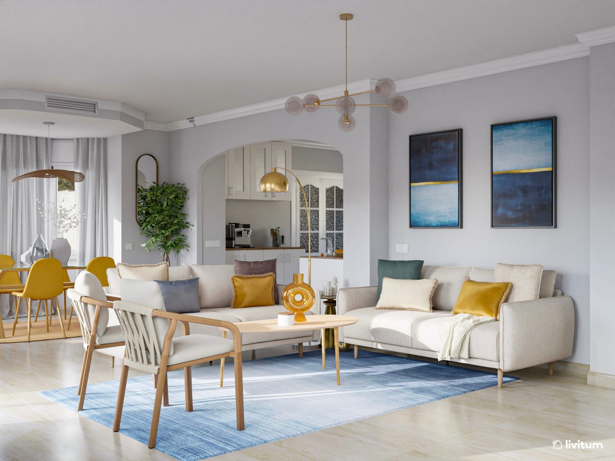 Salón comedor moderno con llamativos colores azul y mostaza