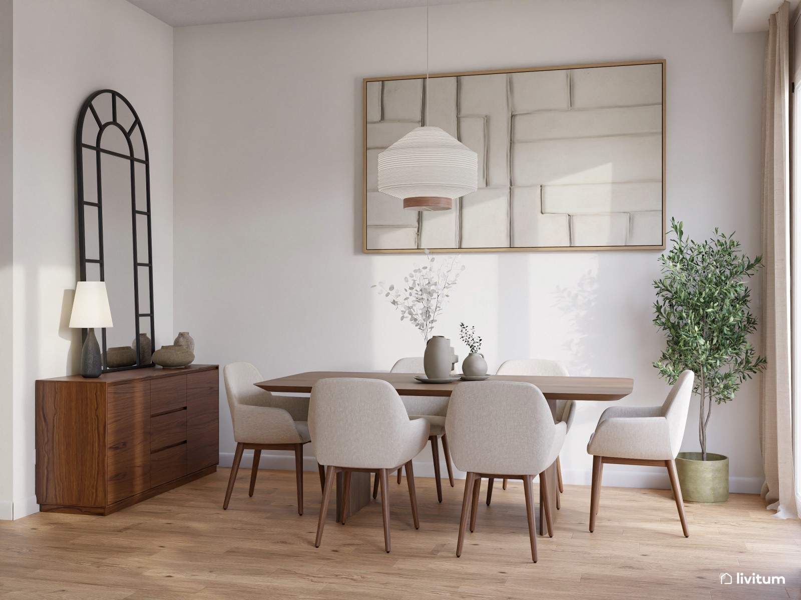 Salón comedor moderno con muebles de tono nogal oscuro