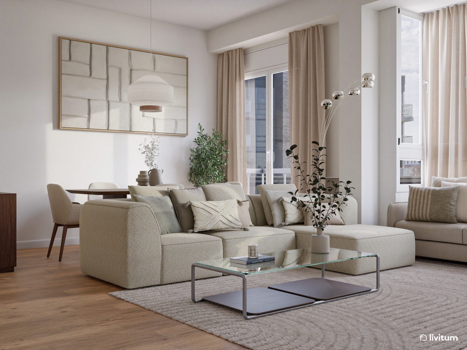 Salón comedor moderno con muebles de tono nogal oscuro