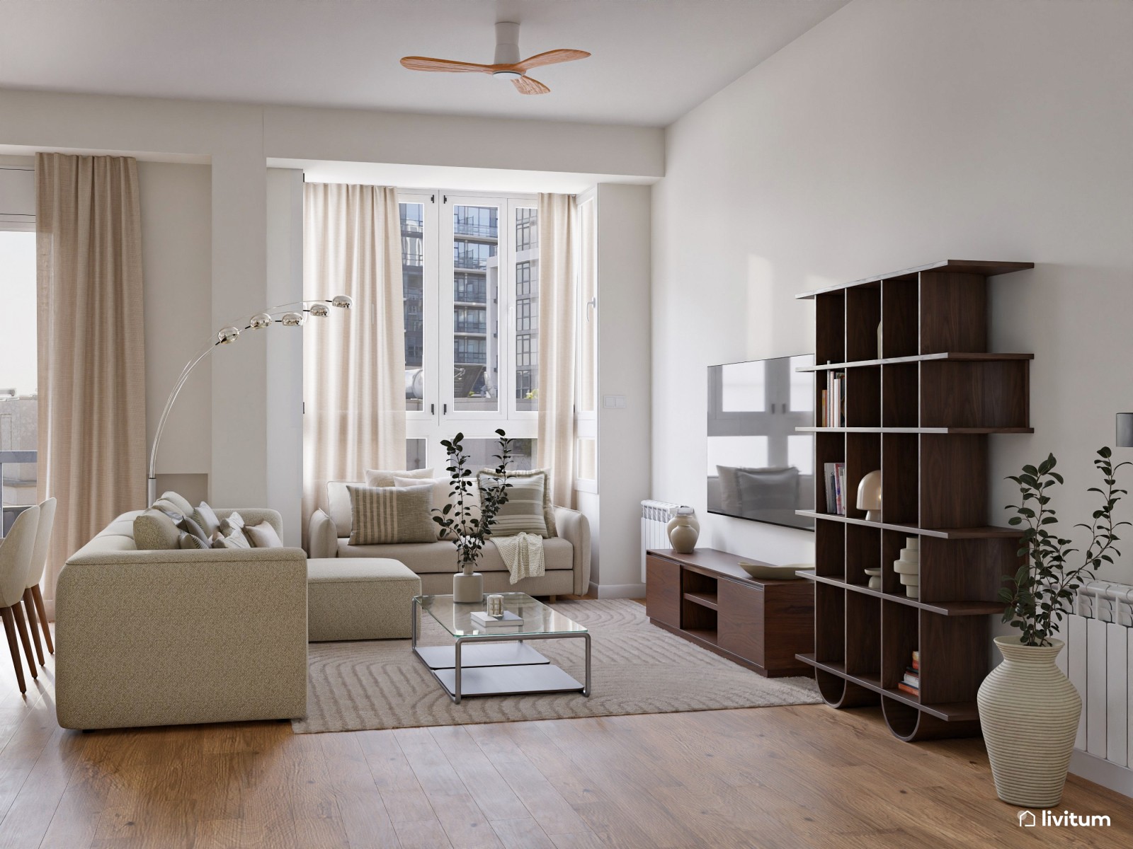 Salón comedor moderno con muebles de tono nogal oscuro