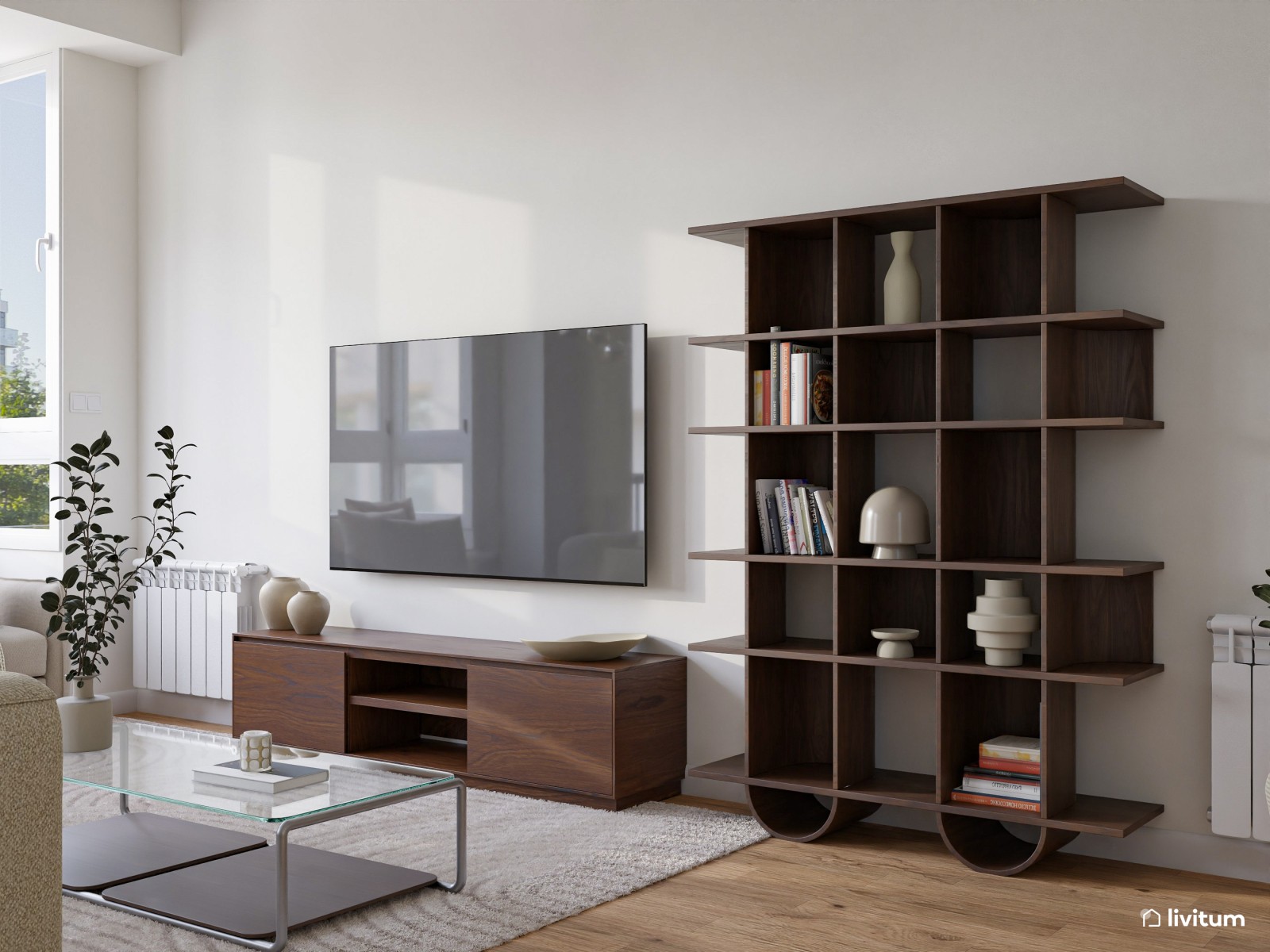 Salón comedor moderno con muebles de tono nogal oscuro