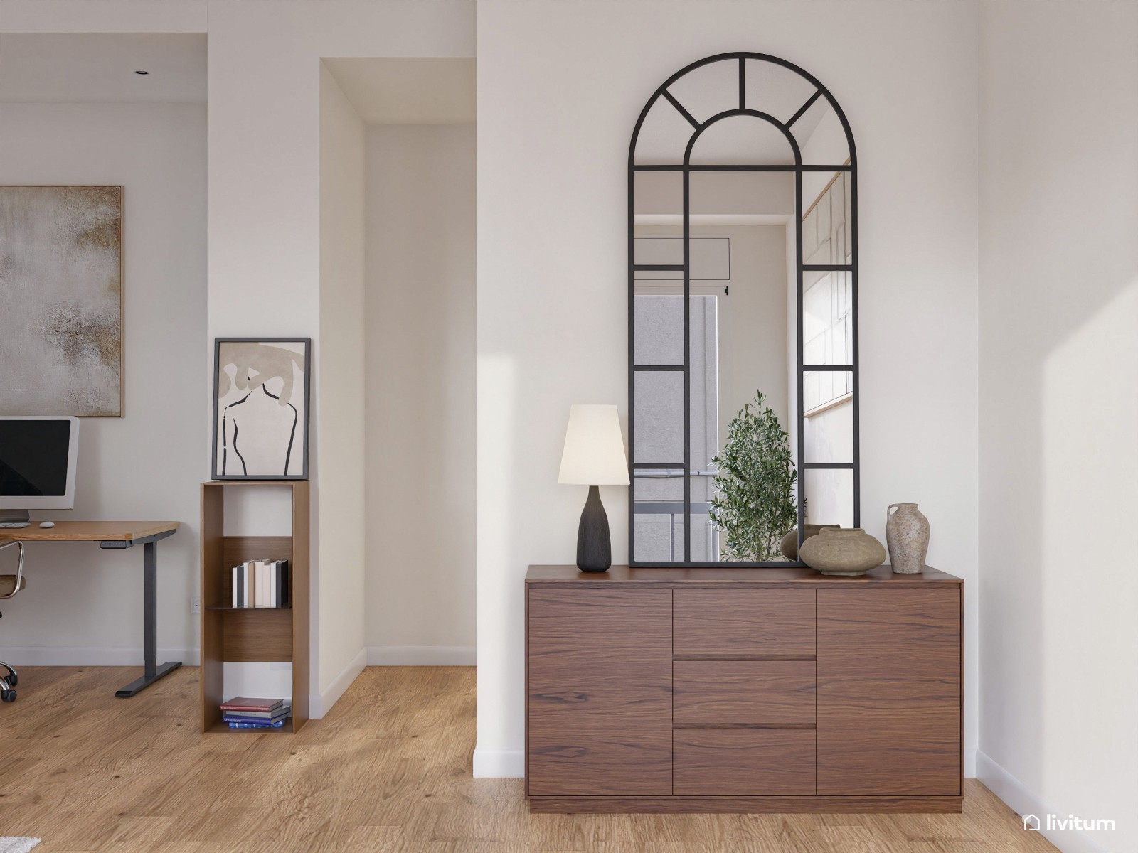 Salón comedor moderno con muebles de tono nogal oscuro