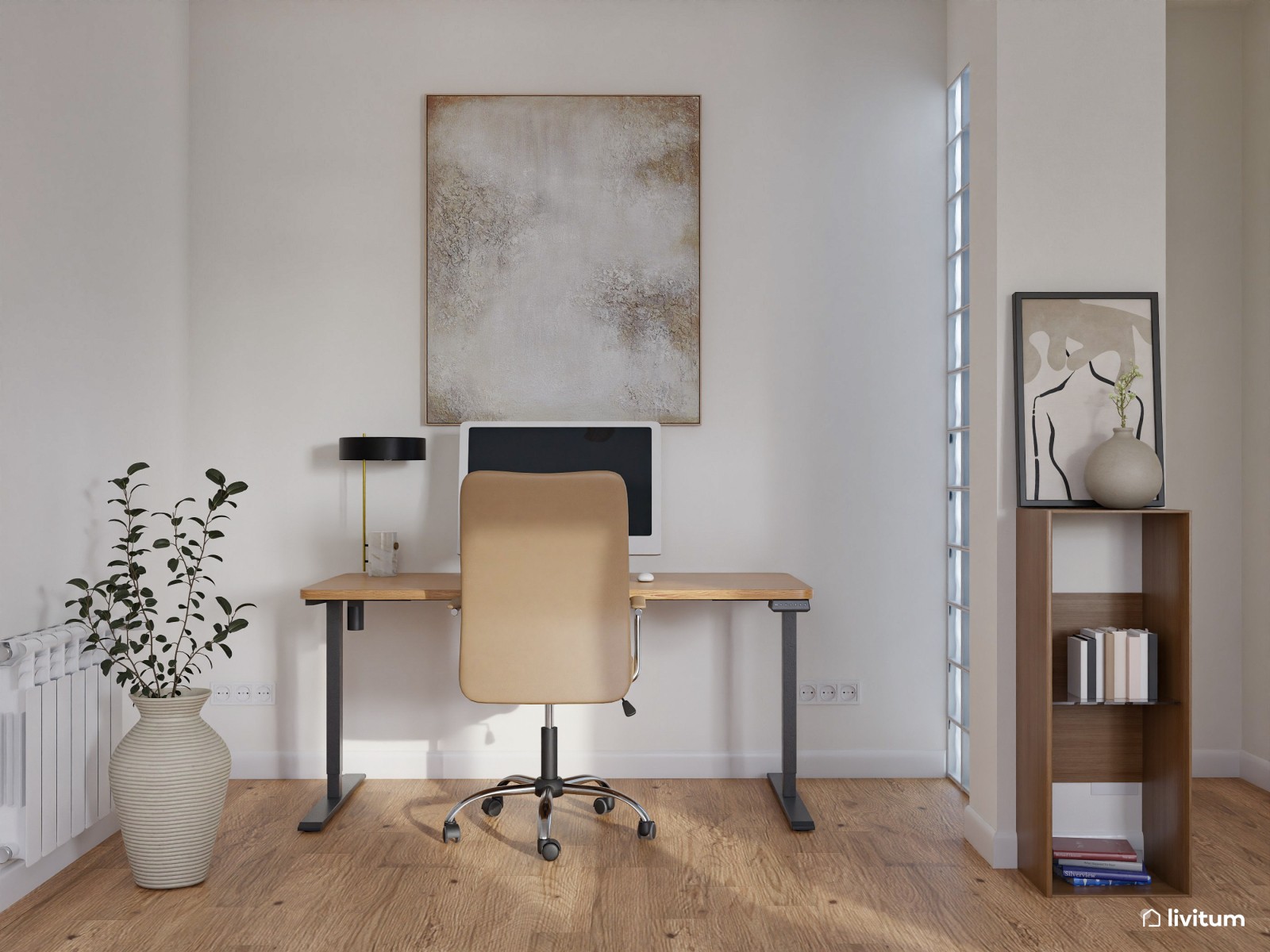 Salón comedor moderno con muebles de tono nogal oscuro