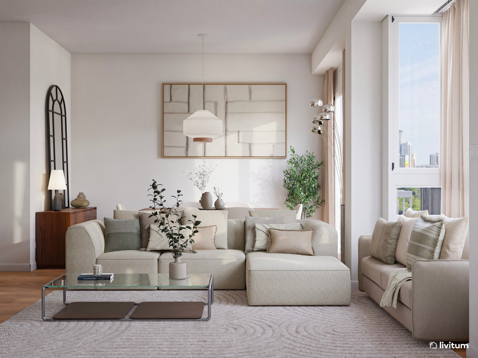 Salón comedor moderno con muebles de tono nogal oscuro