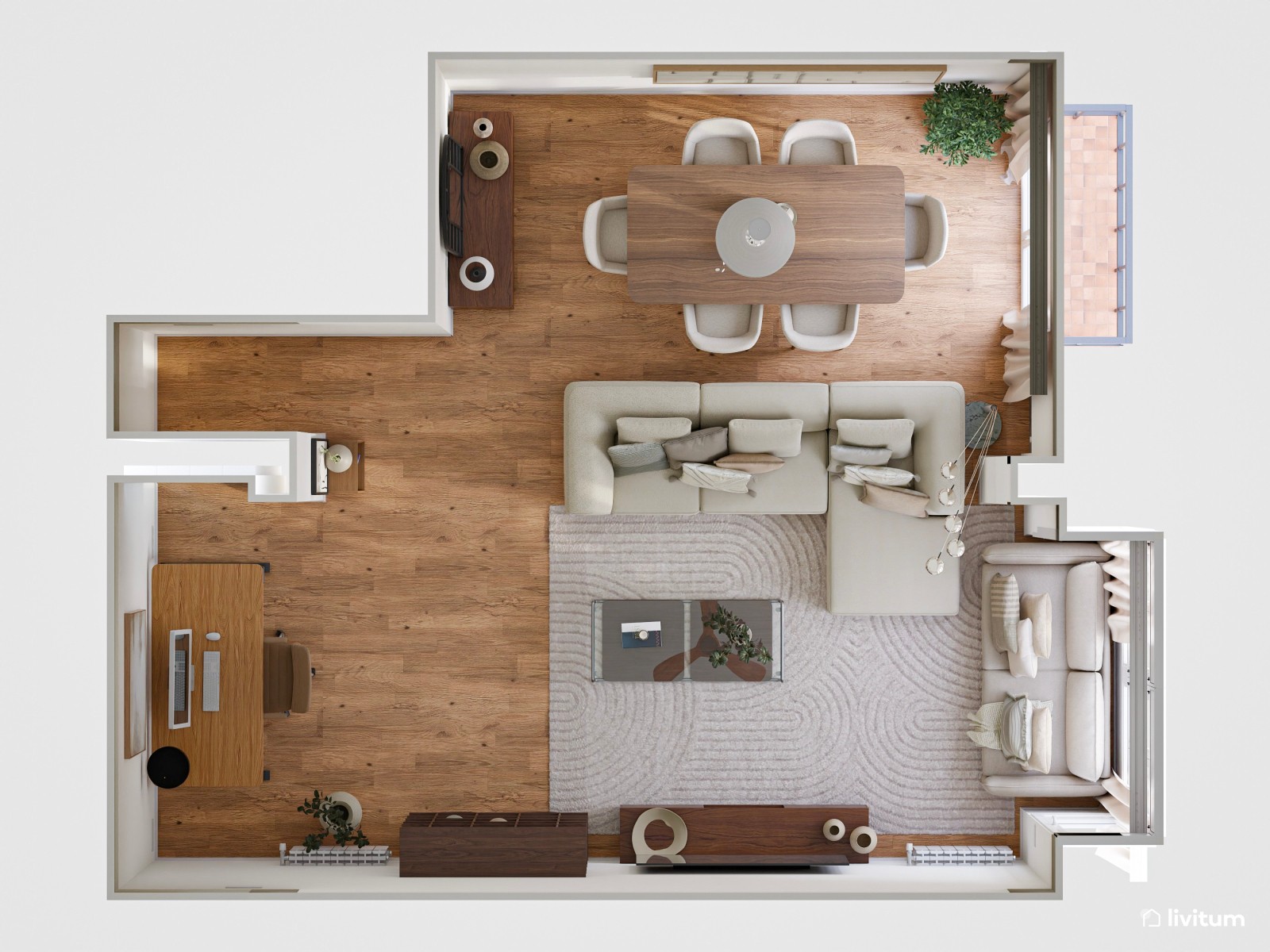 Salón comedor moderno con muebles de tono nogal oscuro