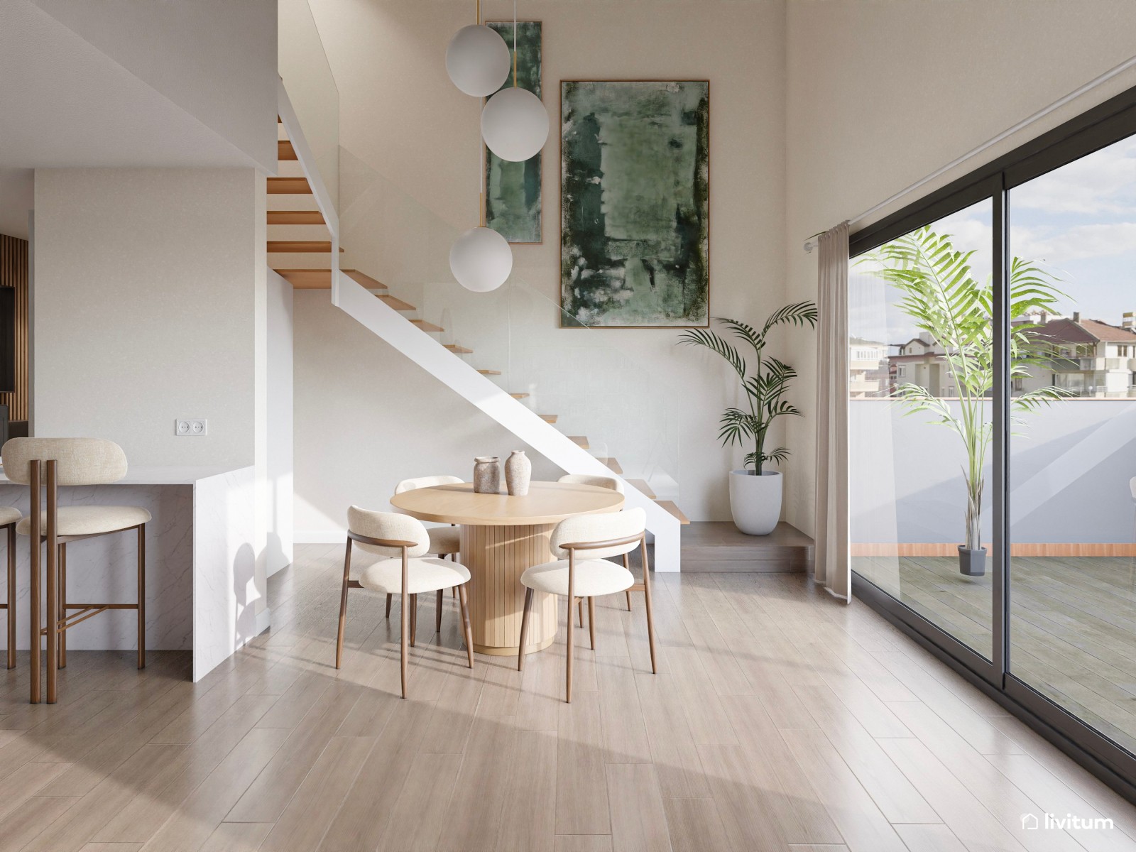 Salón comedor moderno con muebles ligeros y elegancia discreta