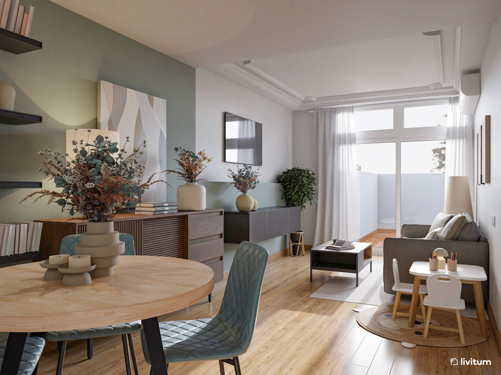 Salón comedor moderno con muebles oscuros y pared focal en verde
