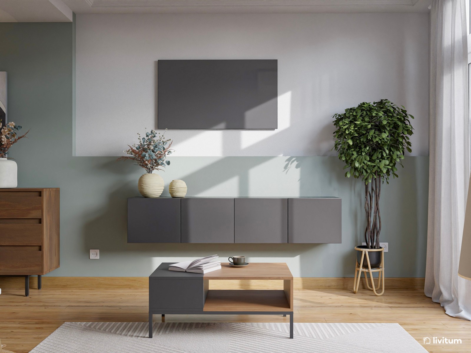Salón comedor moderno con muebles oscuros y pared focal en verde