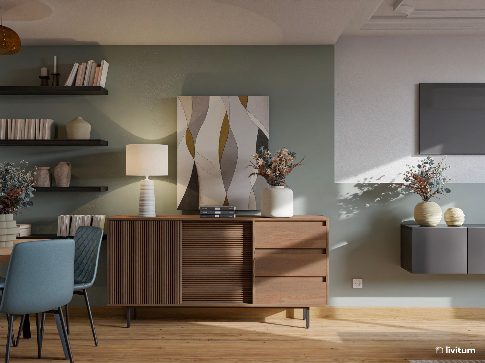 Salón comedor moderno con muebles oscuros y pared focal en verde