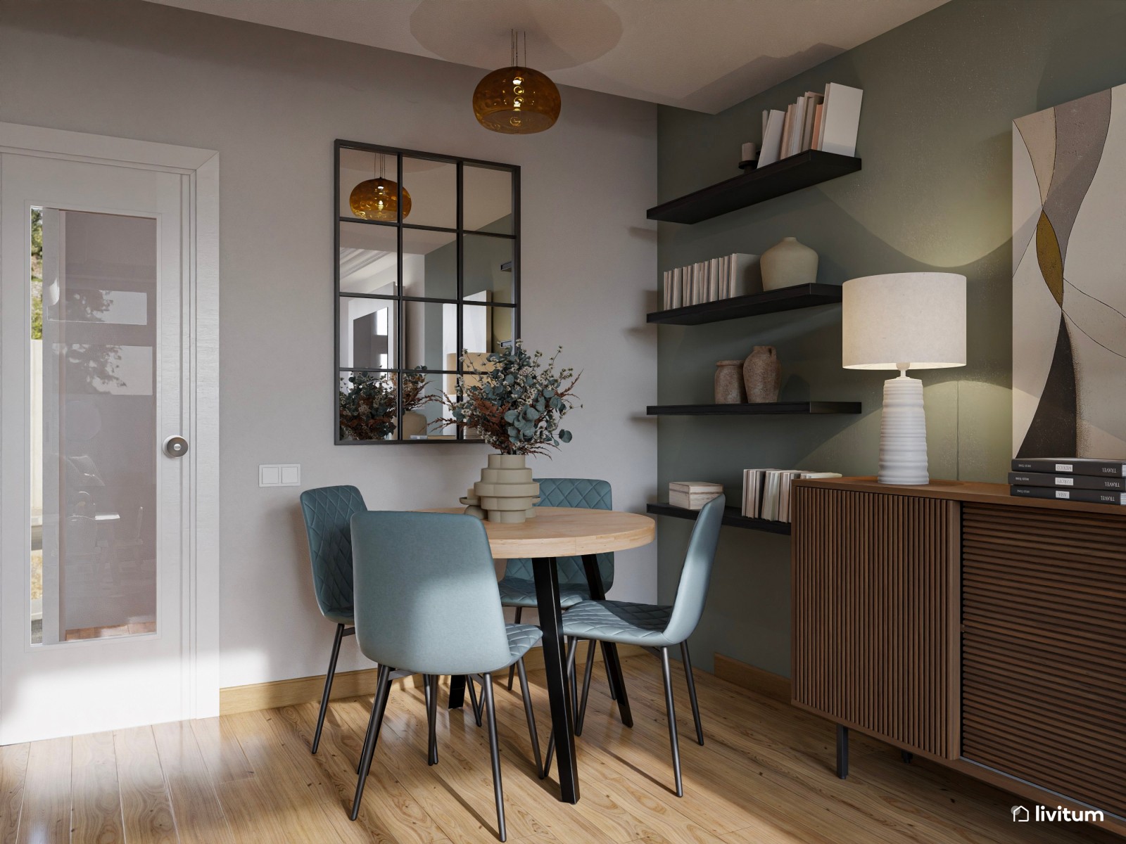 Salón comedor moderno con muebles oscuros y pared focal en verde