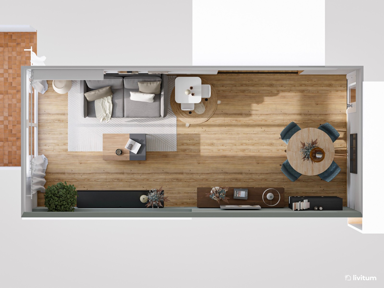 Salón comedor moderno con muebles oscuros y pared focal en verde