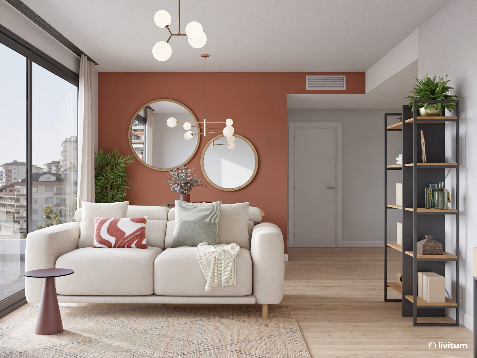 Salón comedor moderno con pared en tono teja