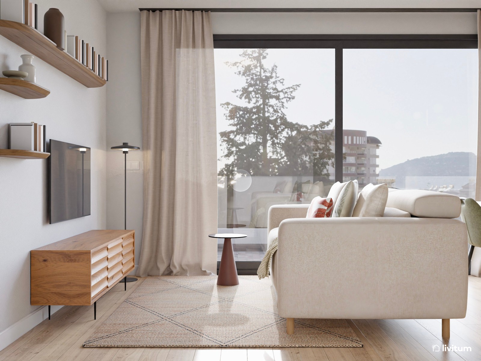 Salón comedor moderno con pared en tono teja