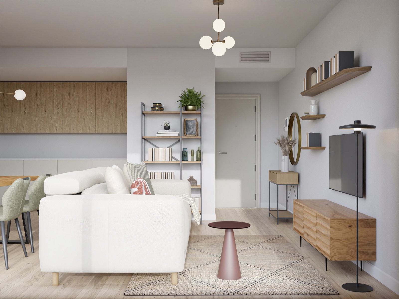 Salón comedor moderno con pared en tono teja
