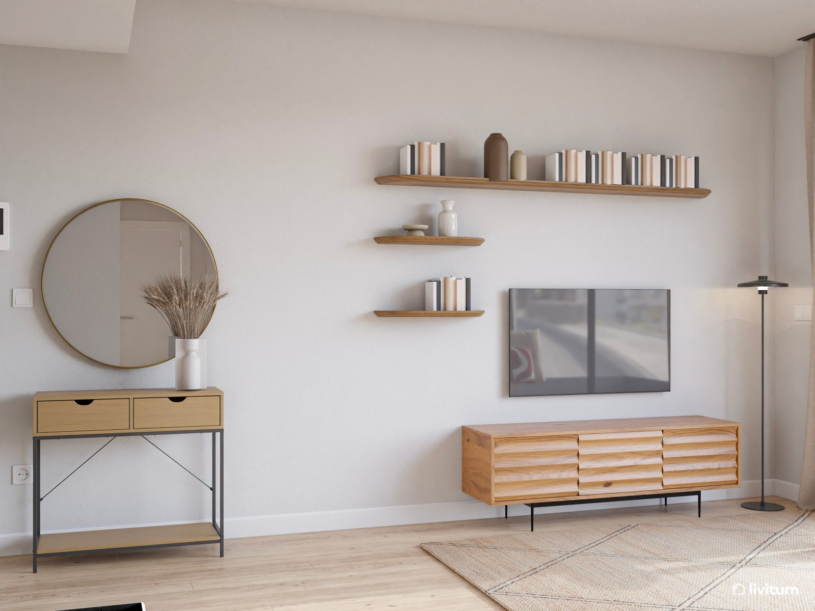 Salón comedor moderno con pared en tono teja