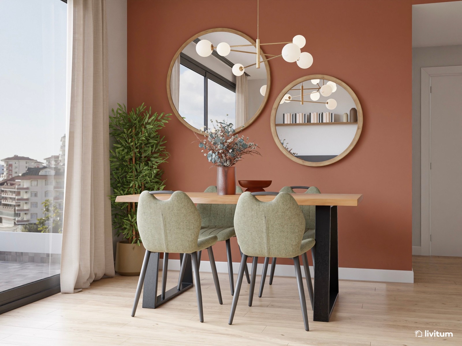 Salón comedor moderno con pared en tono teja