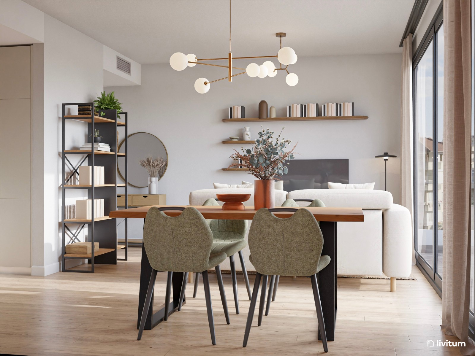 Salón comedor moderno con pared en tono teja