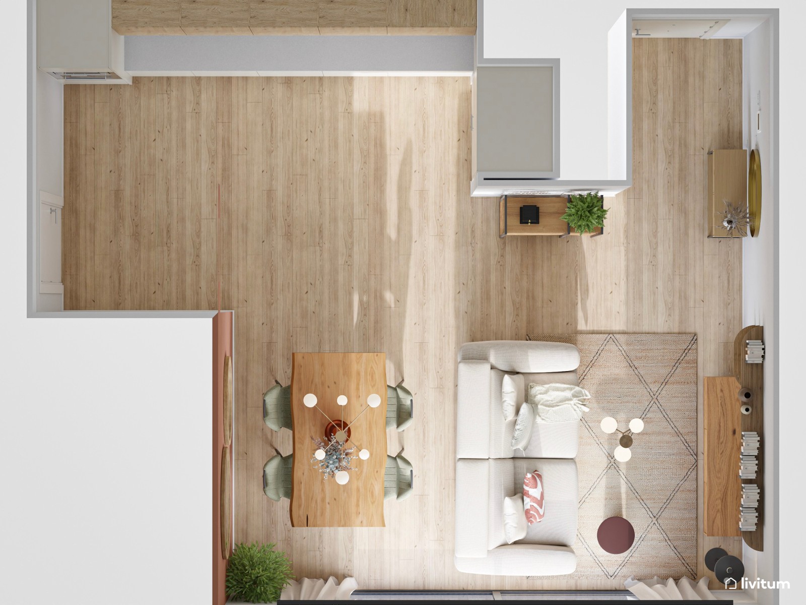 Salón comedor moderno con pared en tono teja