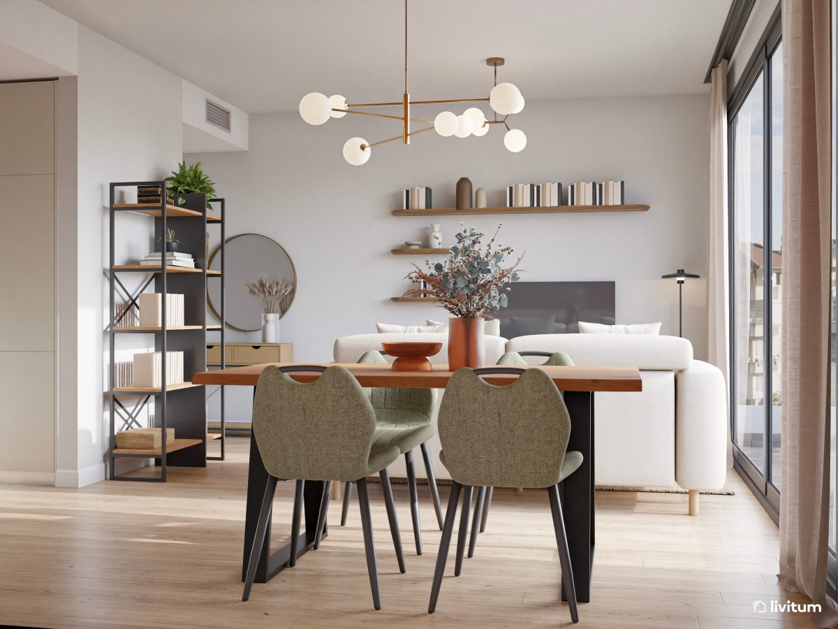 Salón comedor moderno con pared en tono teja