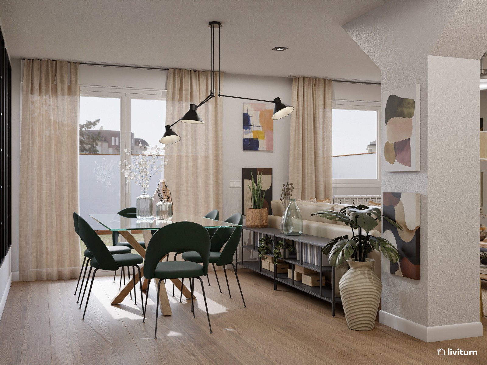 Salón comedor moderno con sillas verdes con paneles acústicos