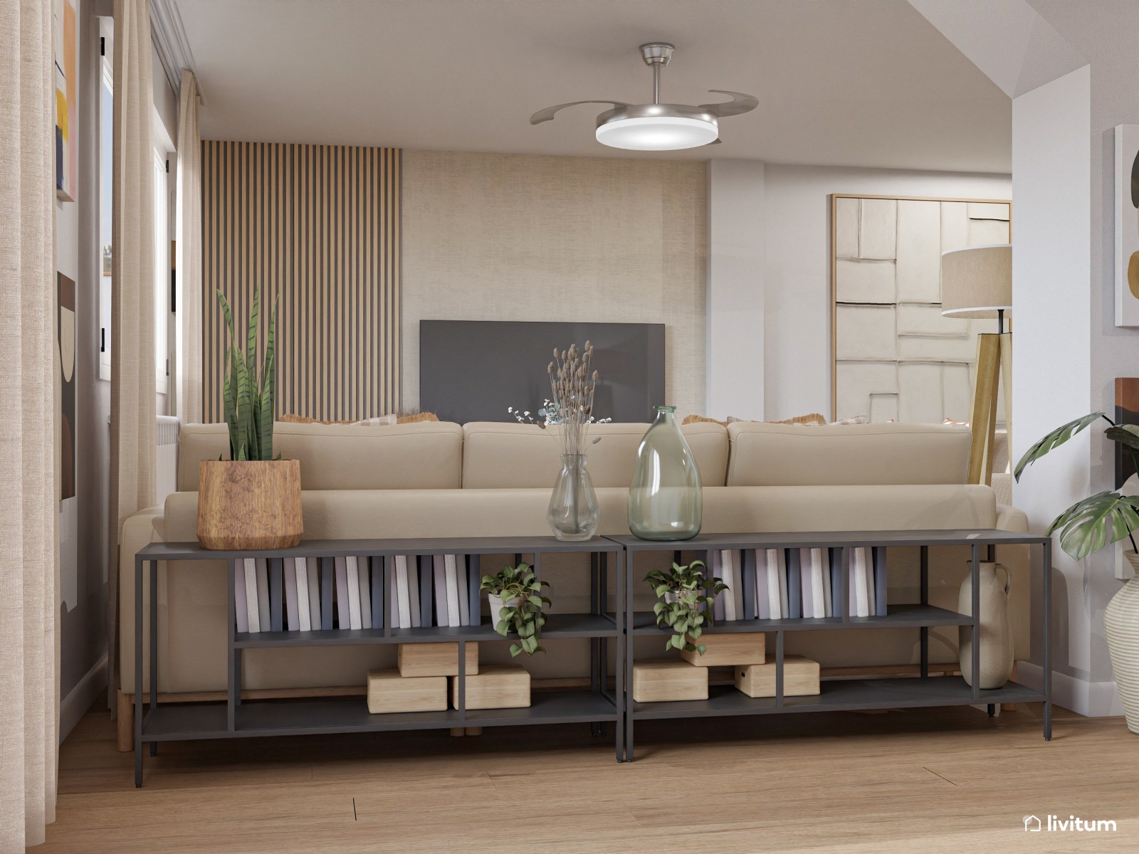 Salón comedor moderno con sillas verdes con paneles acústicos
