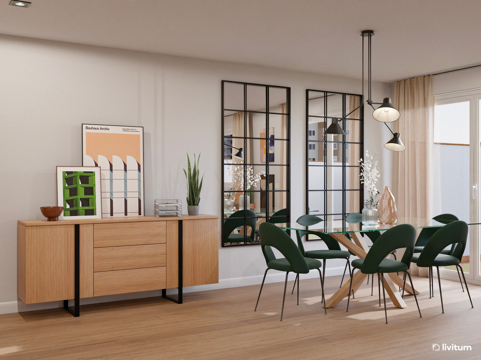 Salón comedor moderno con sillas verdes con paneles acústicos