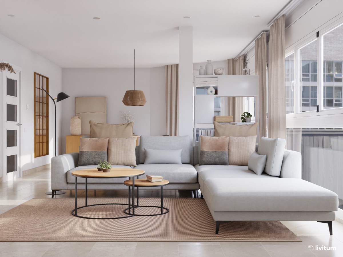 Salón comedor moderno con sillones de madera y ratán