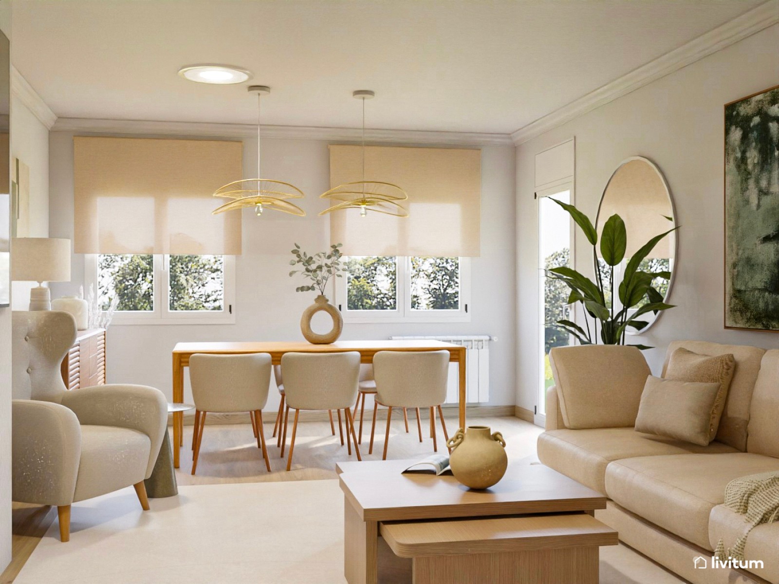 Salón comedor moderno con sofá de chenilla beige y cuadro verde