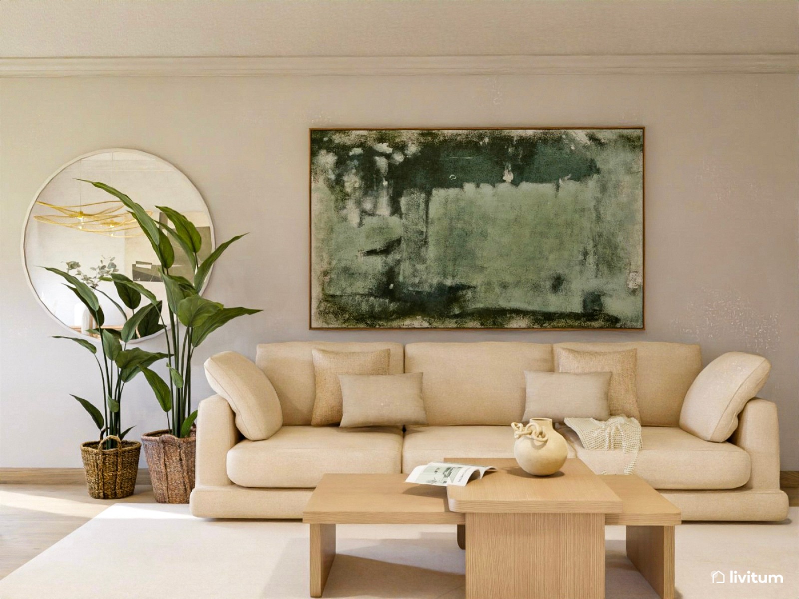 Salón comedor moderno con sofá de chenilla beige y cuadro verde