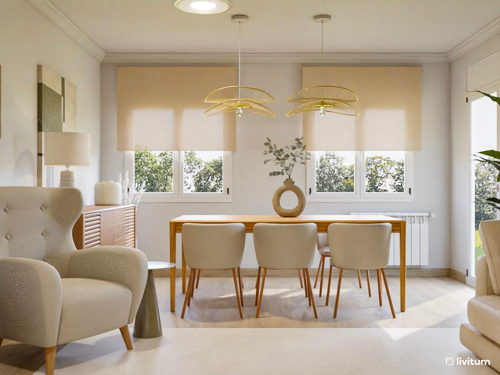 Salón comedor moderno con sofá de chenilla beige y cuadro verde