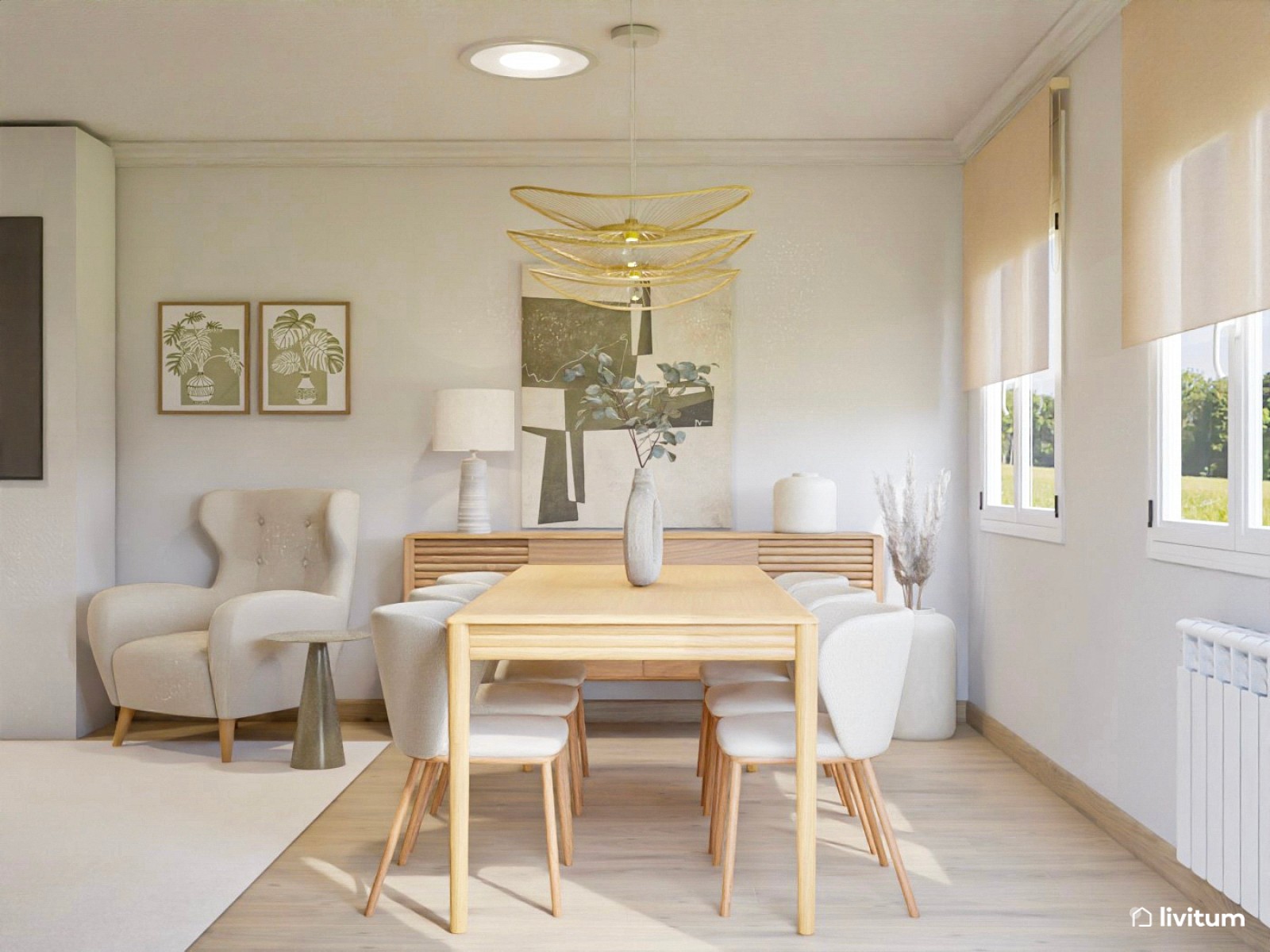 Salón comedor moderno con sofá de chenilla beige y cuadro verde