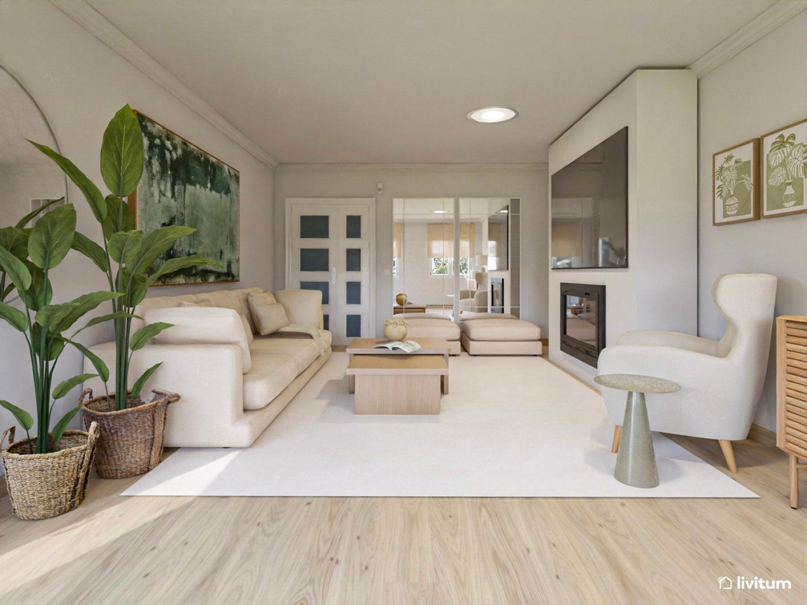 Salón comedor moderno con sofá de chenilla beige y cuadro verde