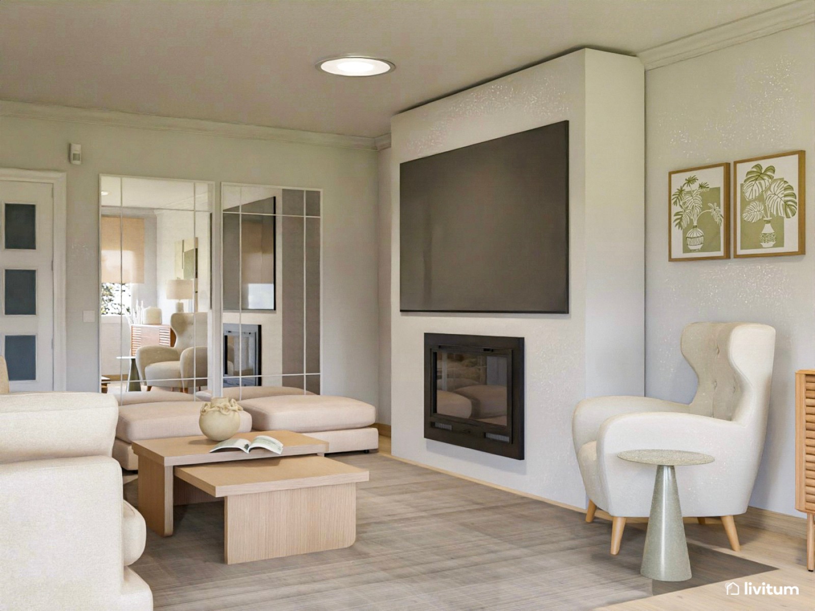 Salón comedor moderno con sofá de chenilla beige y cuadro verde