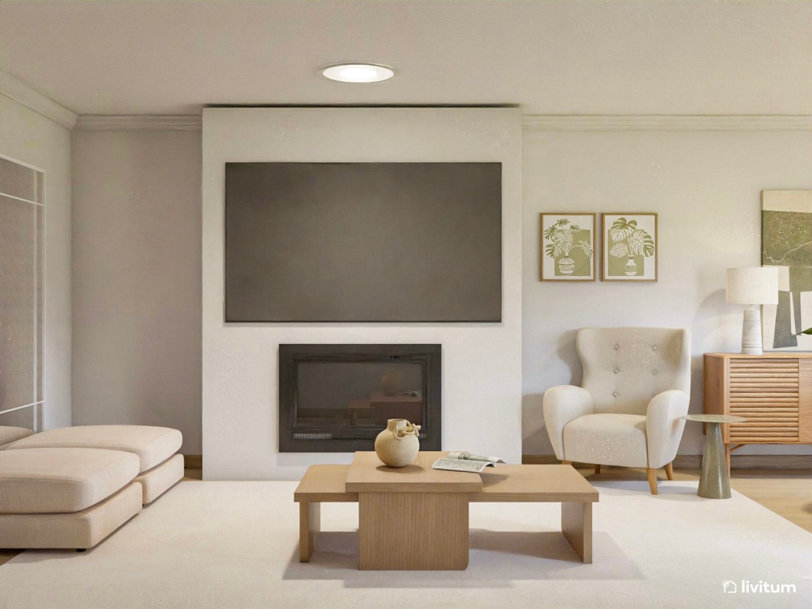 Salón comedor moderno con sofá de chenilla beige y cuadro verde